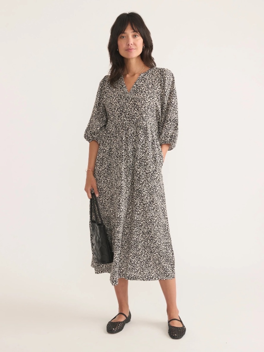 Marine Layer Lola Balloon Sleeve Midi Dress - Black/Cream Cheetah Print | Size S